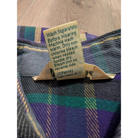 Vintage St. John's Bay Flannel Men's Large Tall LT USA Made Purple Green Plaid - Picture 10 of 14